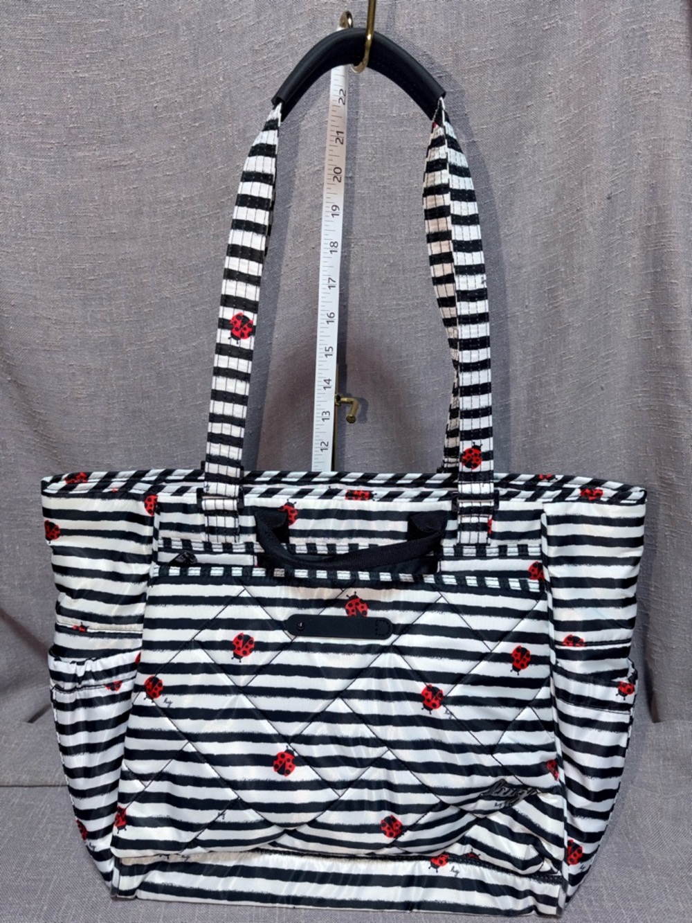 Lug Black & White Striped Tote Bag with Red Ladybug Accents